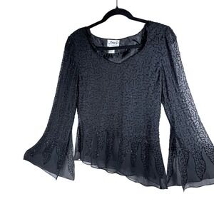 Vintage JMD Top Beaded Shear‎ Bell Split Sleeves Lined Body Asymmetrical Hem.